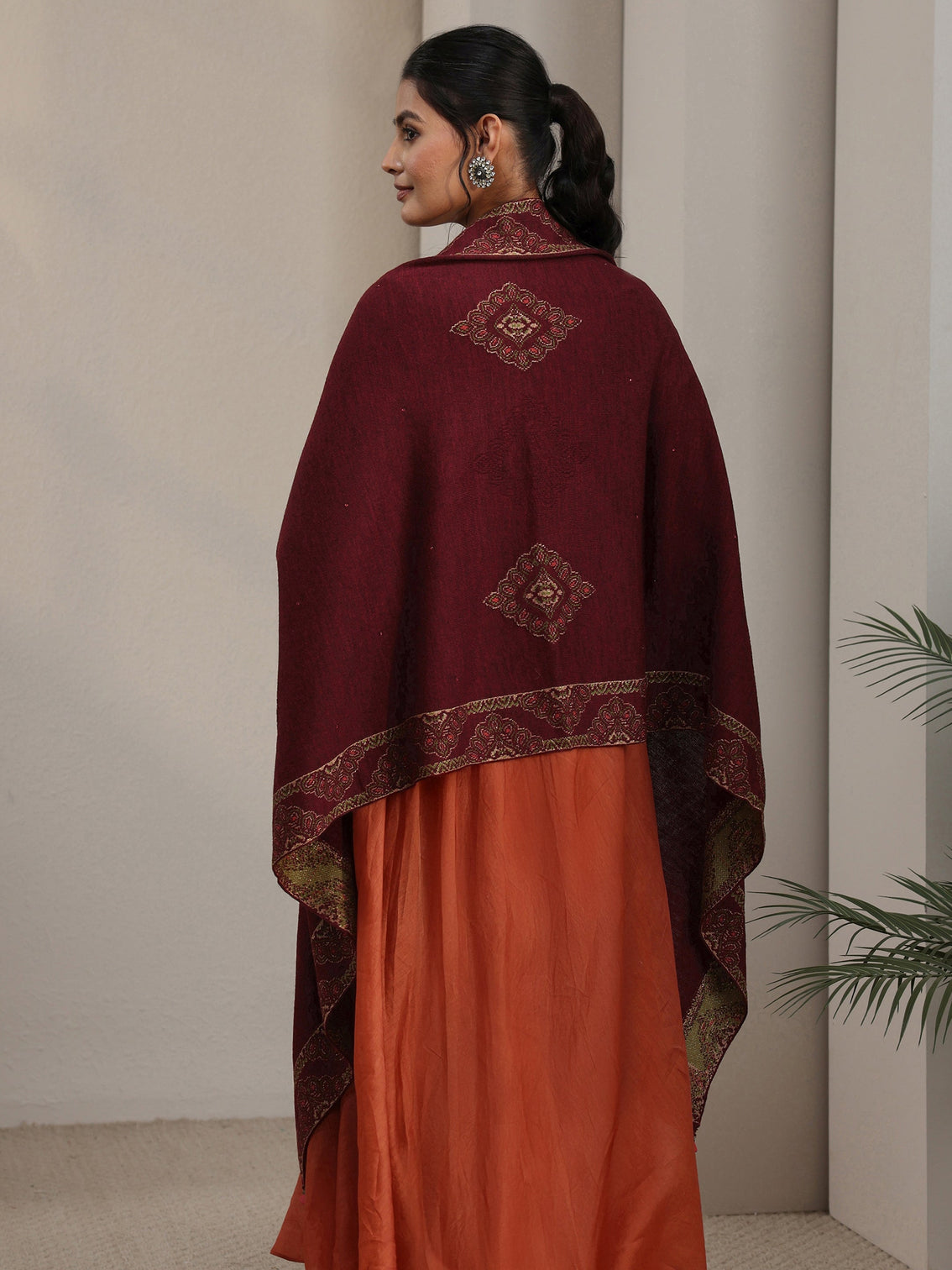 Mameraa Maroon Ethnic Knitted Acrylic Wrap Shawl