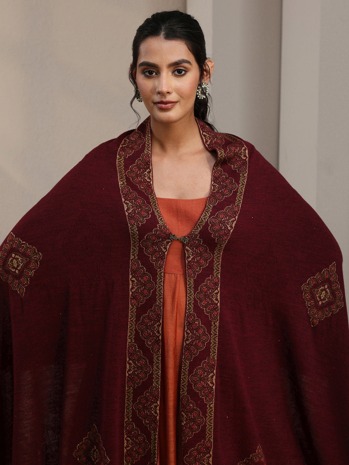 Mameraa Maroon Ethnic Knitted Acrylic Wrap Shawl