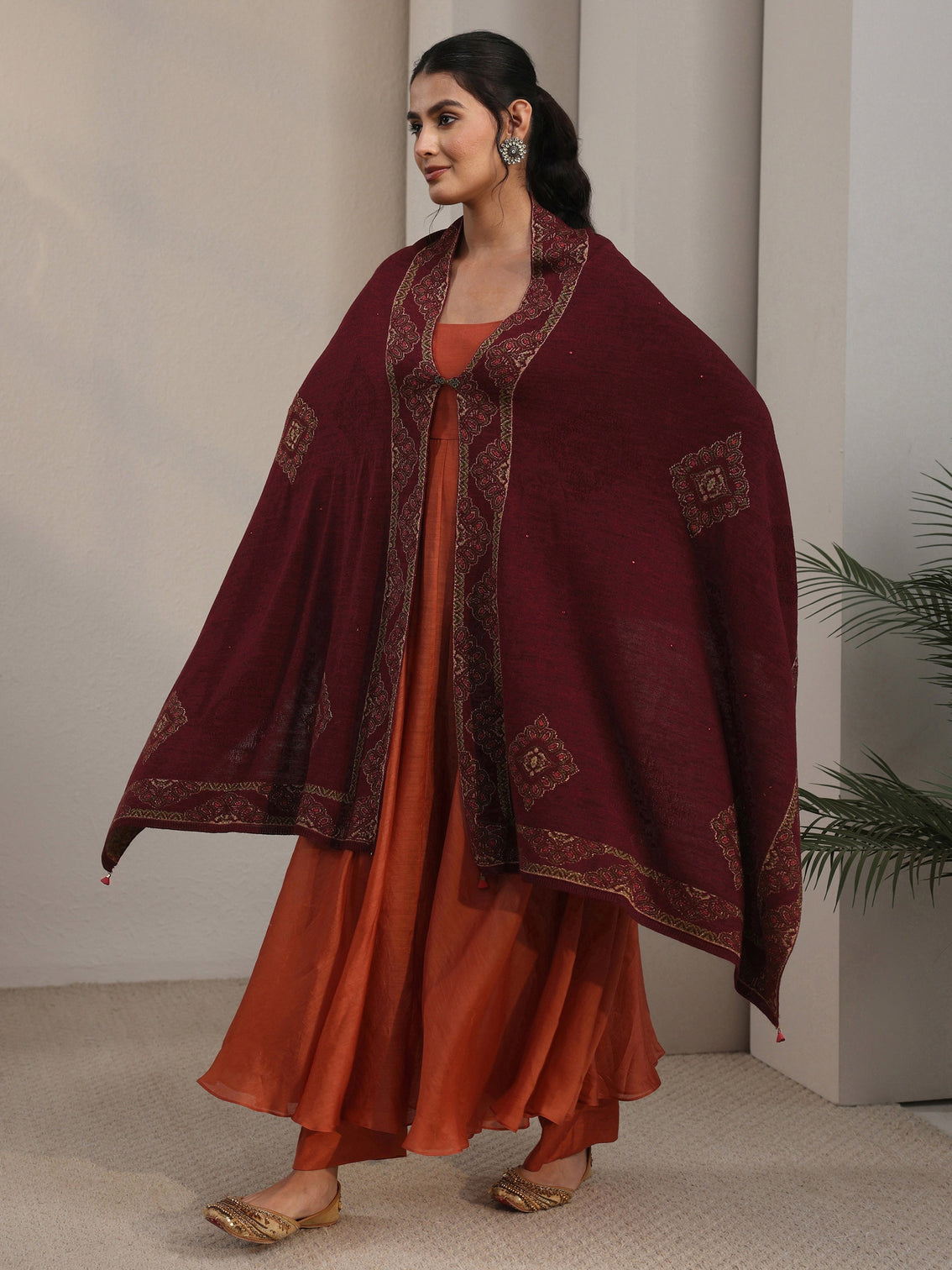 Mameraa Maroon Ethnic Knitted Acrylic Wrap Shawl