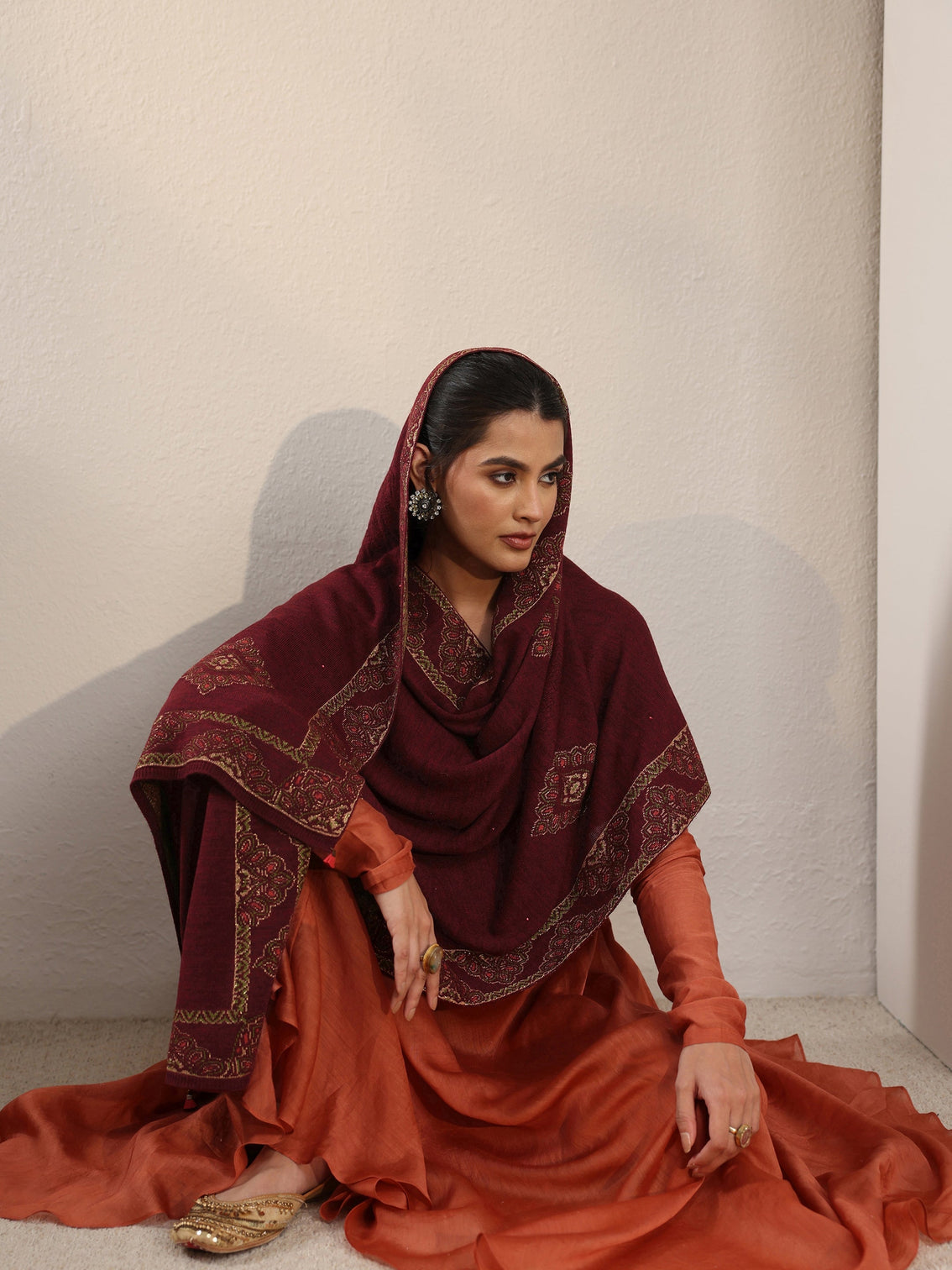 Mameraa Maroon Ethnic Knitted Acrylic Wrap Shawl