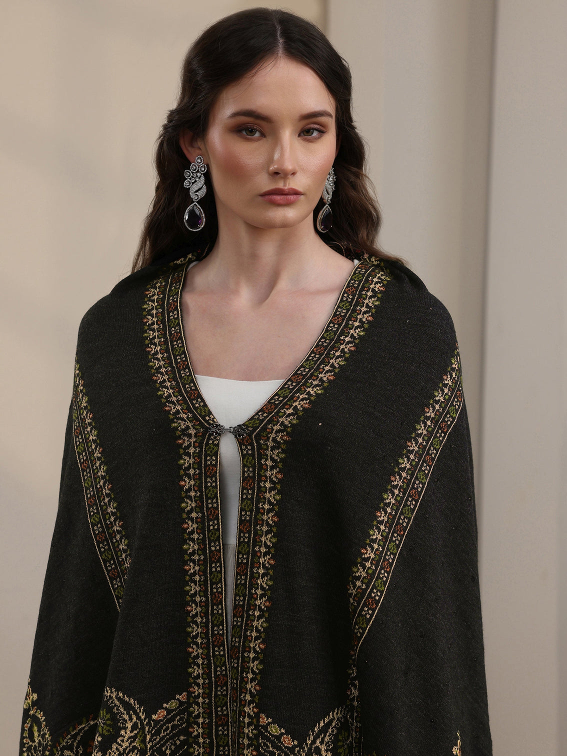 Mameraa Black Ethnic Knitted Acrylic Wrap Shawl