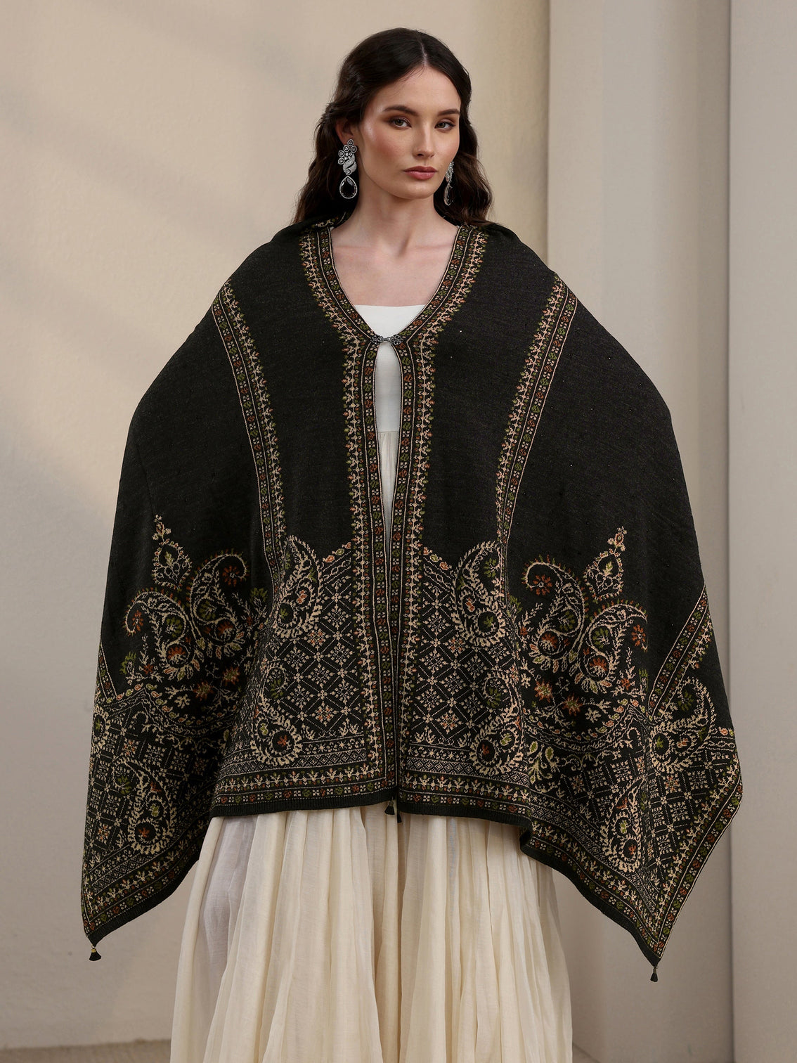 Mameraa Black Ethnic Knitted Acrylic Wrap Shawl