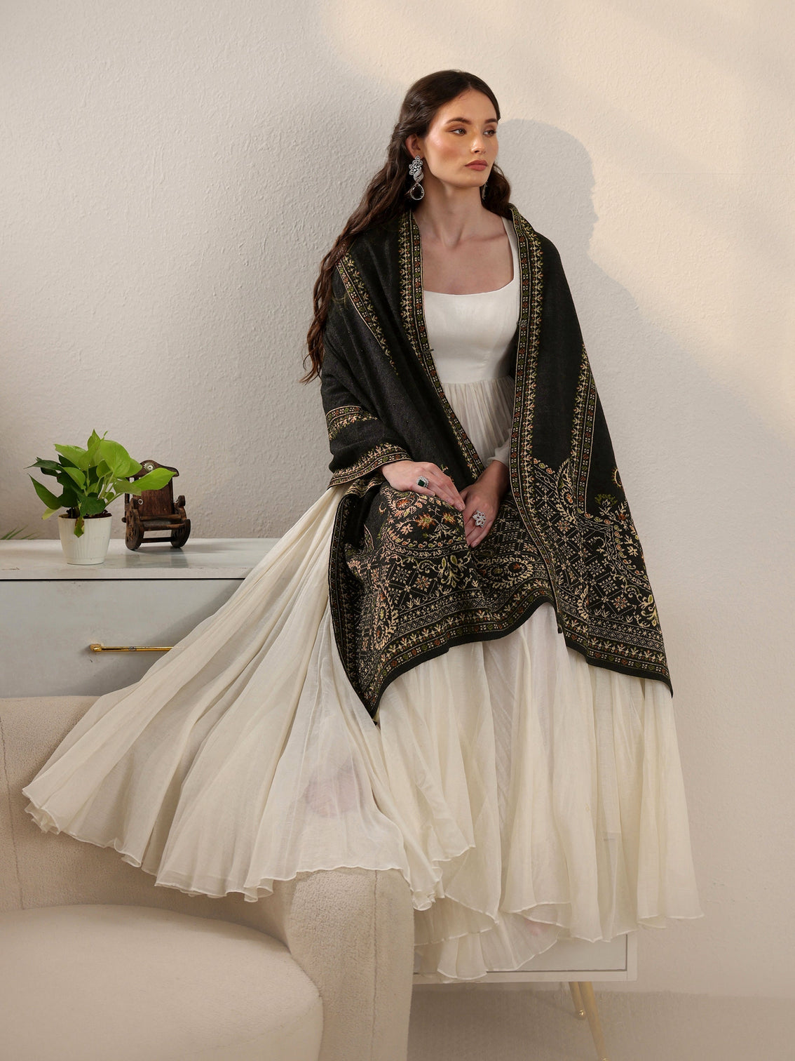 Mameraa Black Ethnic Knitted Acrylic Wrap Shawl