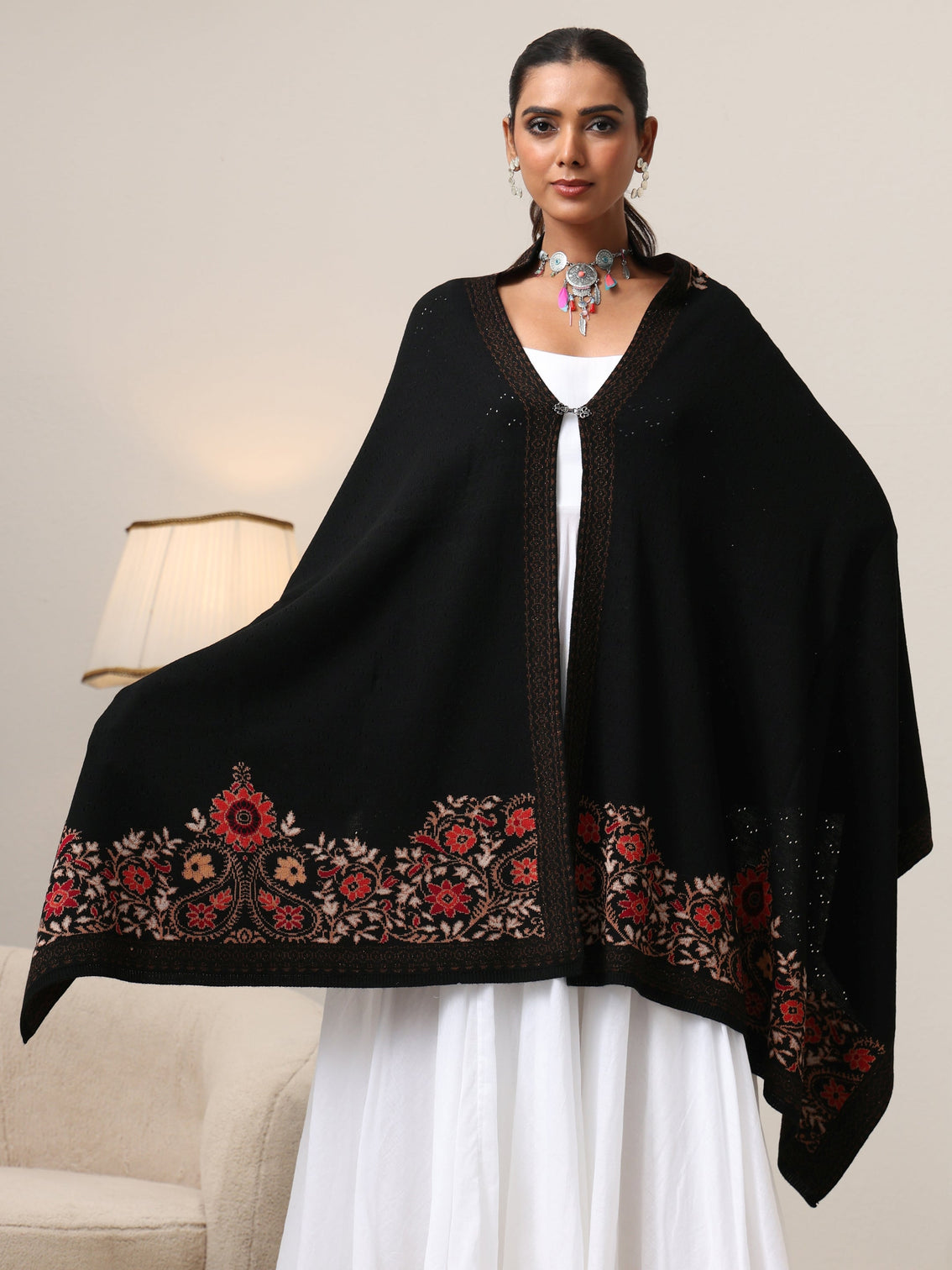 Mameraa Black Floral Knitted Acrylic Wrap Shawl