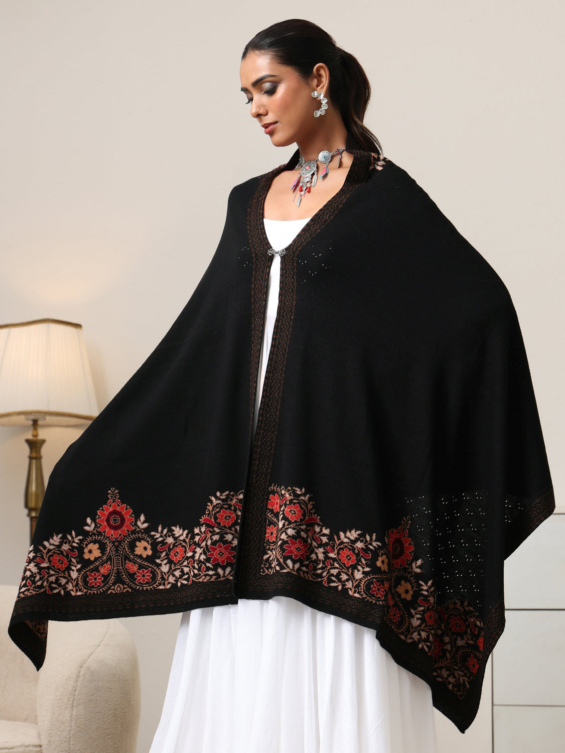 Mameraa Black Floral Knitted Acrylic Wrap Shawl