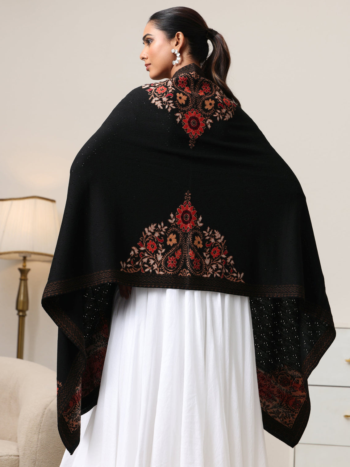 Mameraa Black Floral Knitted Acrylic Wrap Shawl