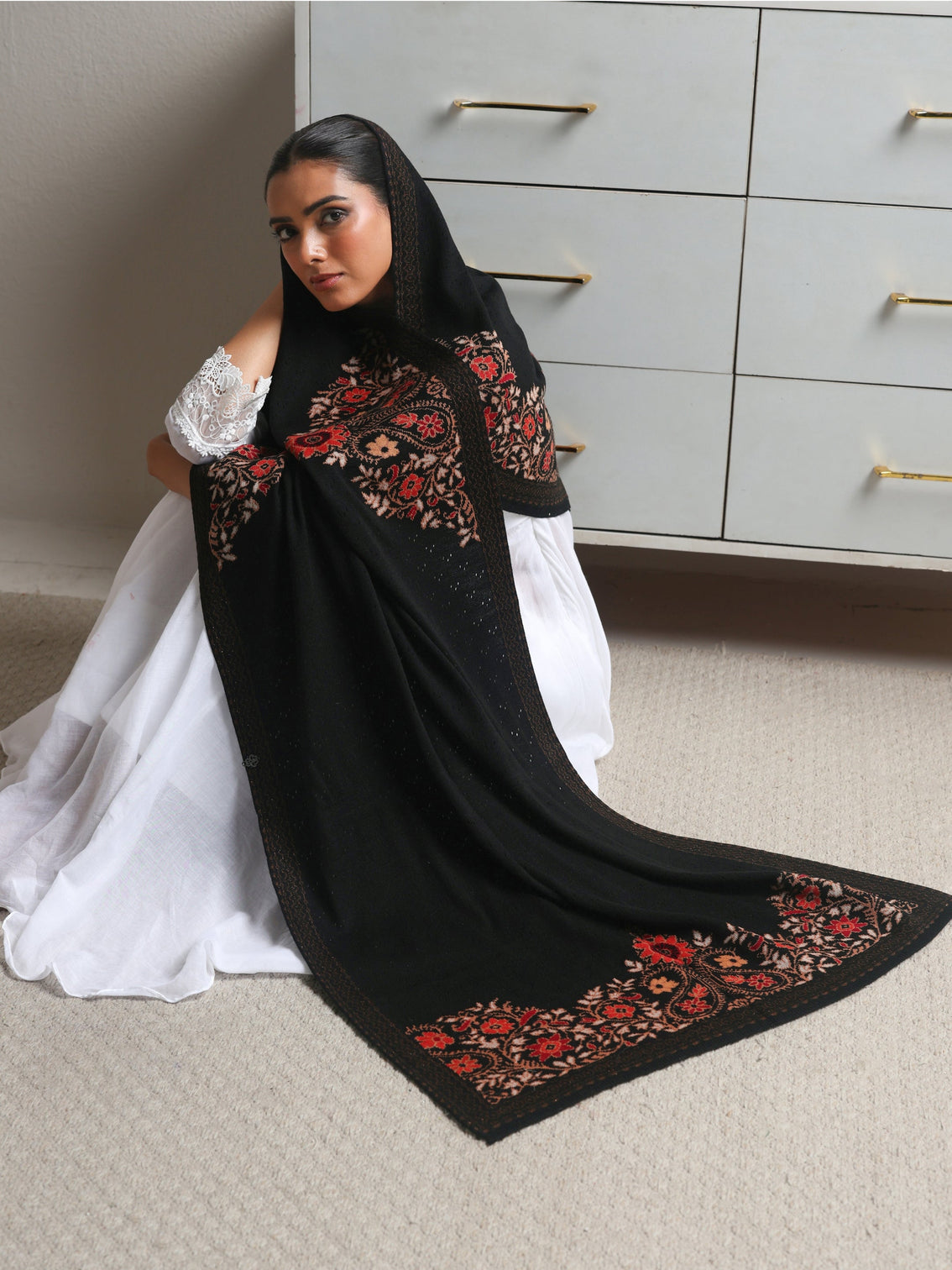 Mameraa Black Floral Knitted Acrylic Wrap Shawl