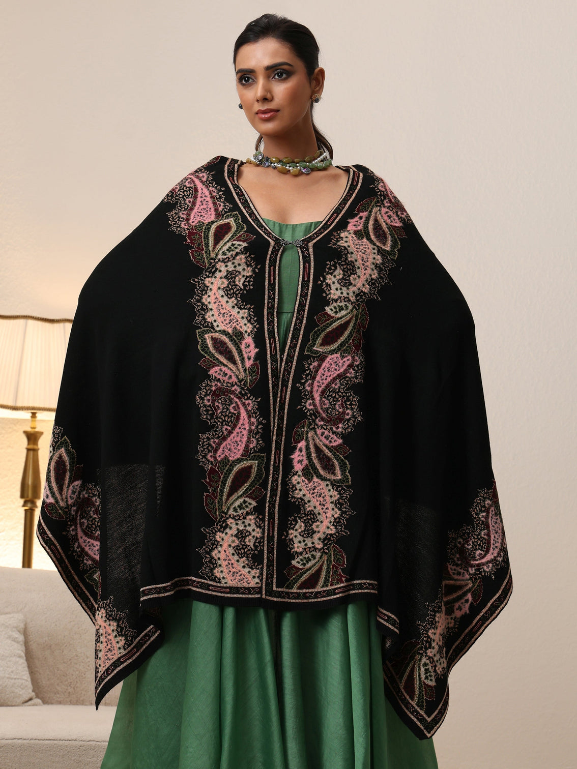 Mameraa Black Paisley Knitted Acrylic Wrap Shawl