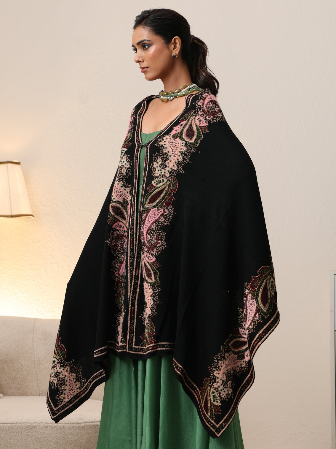 Mameraa Black Paisley Knitted Acrylic Wrap Shawl