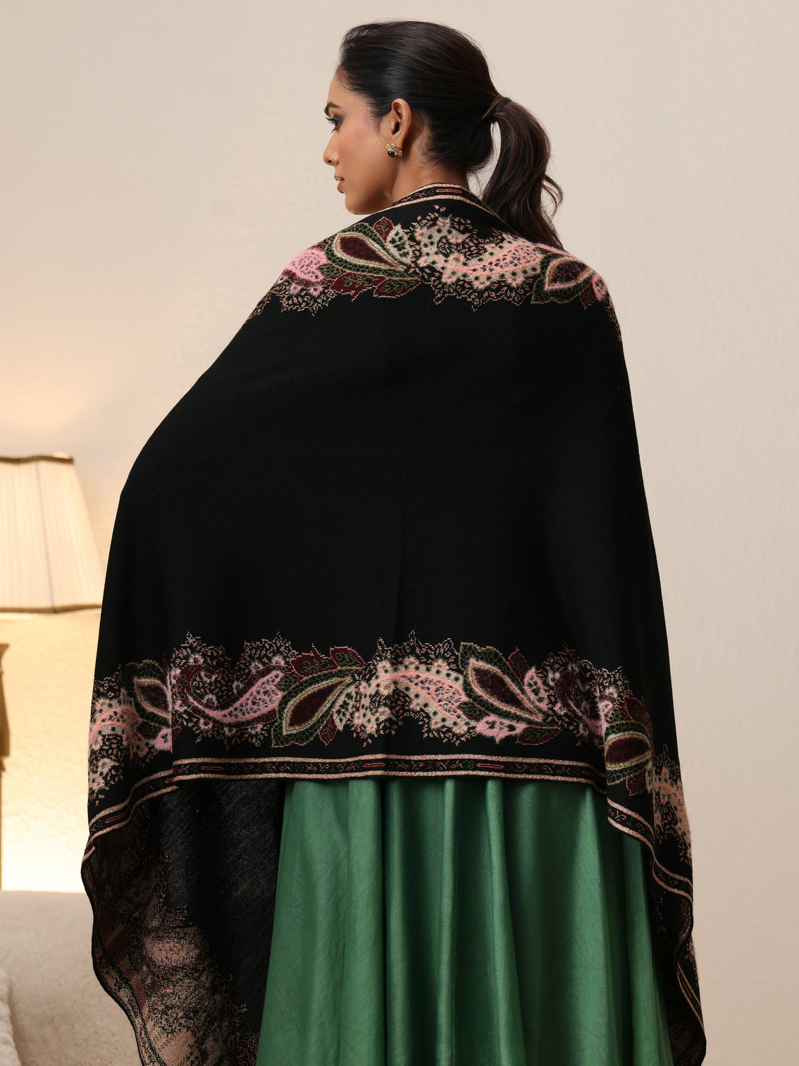 Mameraa Black Paisley Knitted Acrylic Wrap Shawl