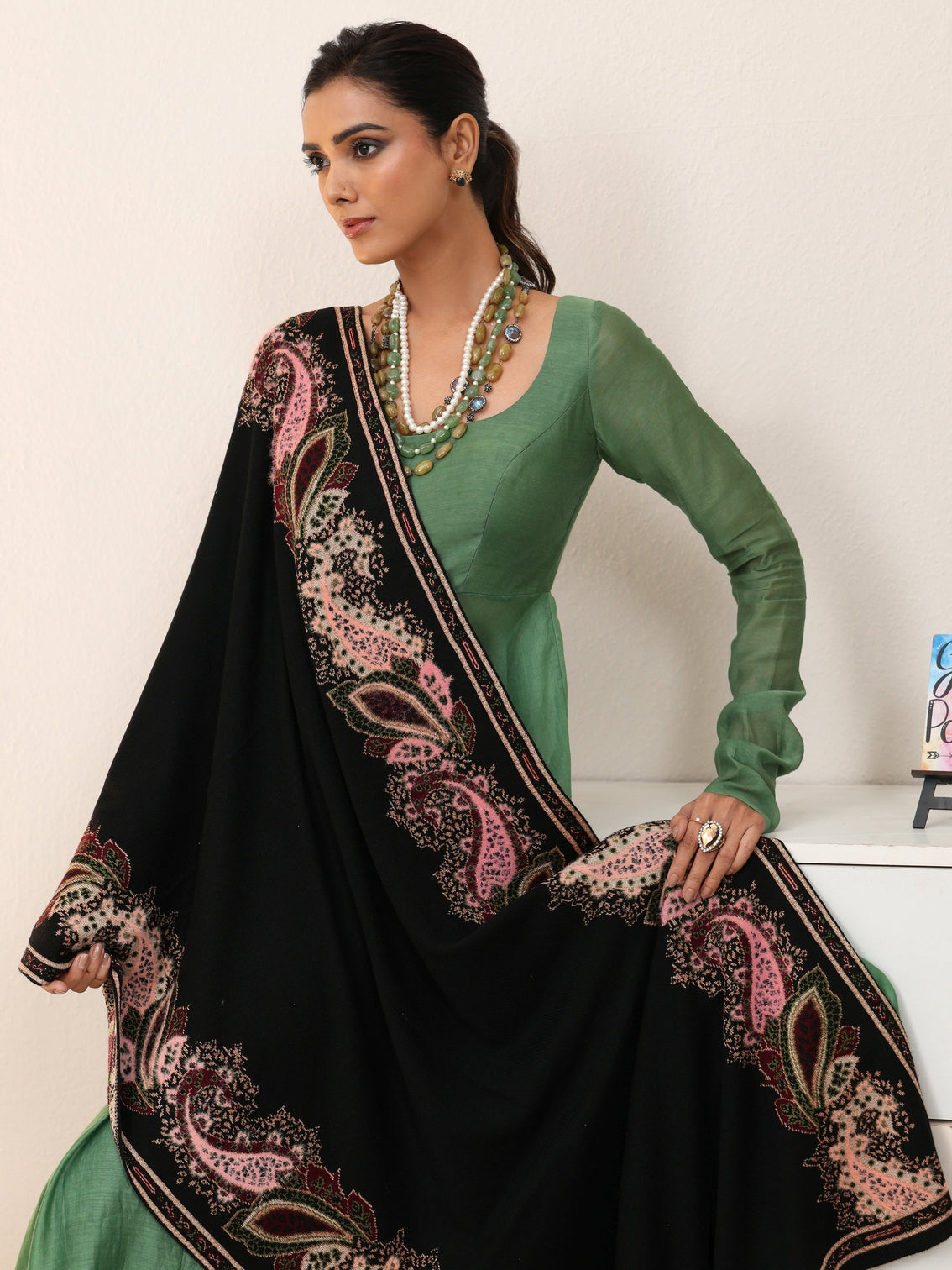 Mameraa Black Paisley Knitted Acrylic Wrap Shawl