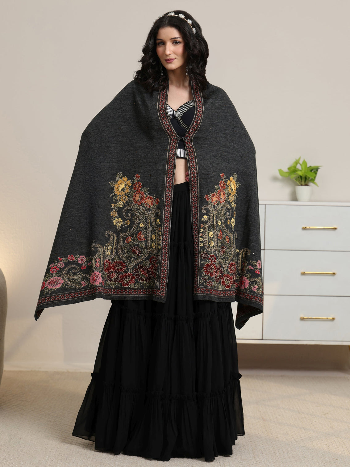 Mameraa Dark Grey Floral Knitted Acrylic Wrap Shawl