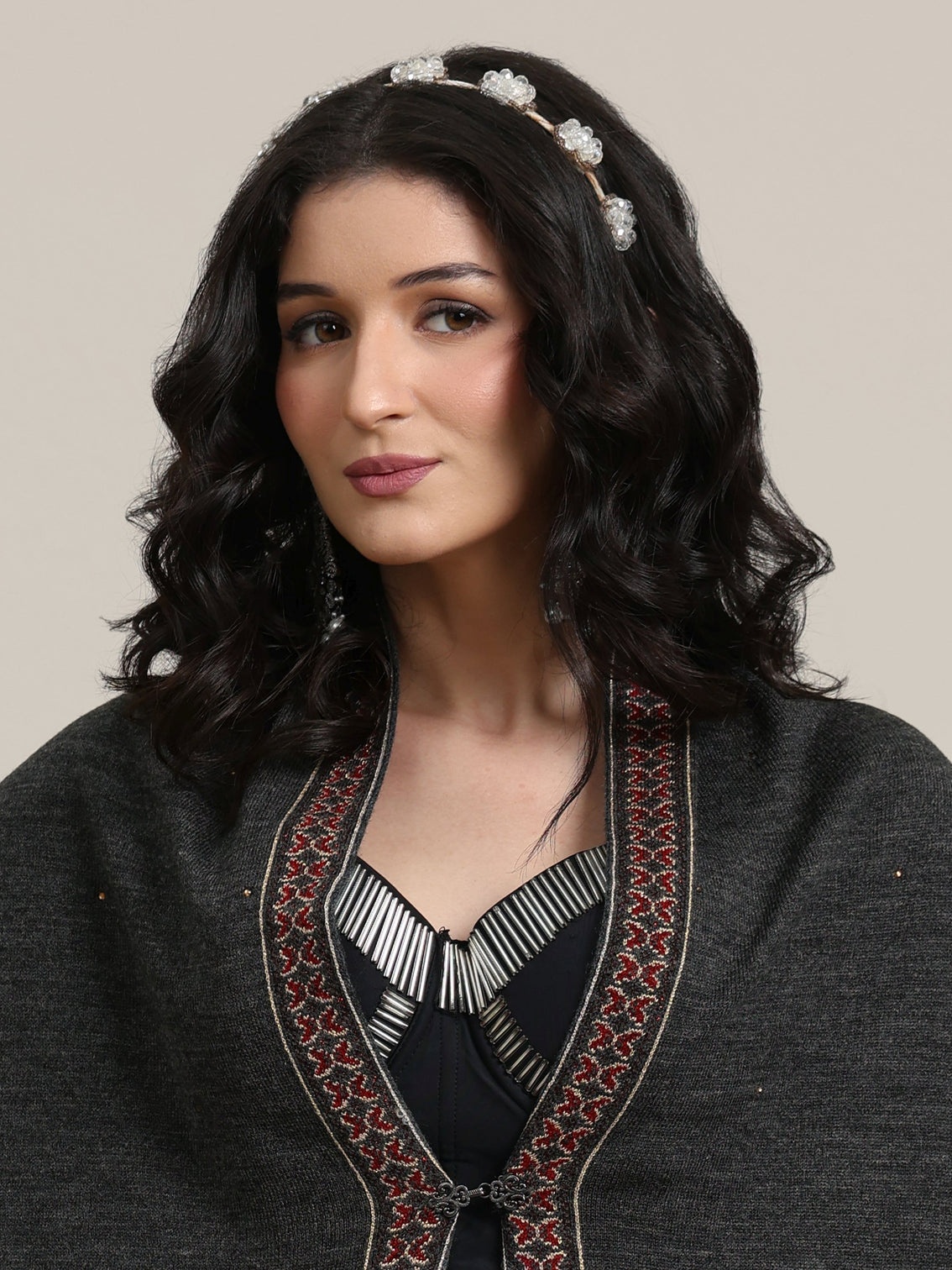 Mameraa Dark Grey Floral Knitted Acrylic Wrap Shawl