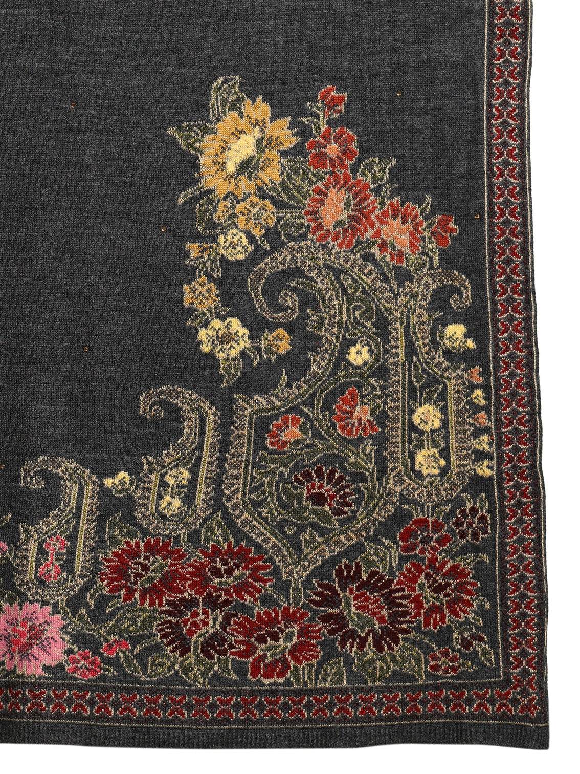 Mameraa Dark Grey Floral Knitted Acrylic Wrap Shawl