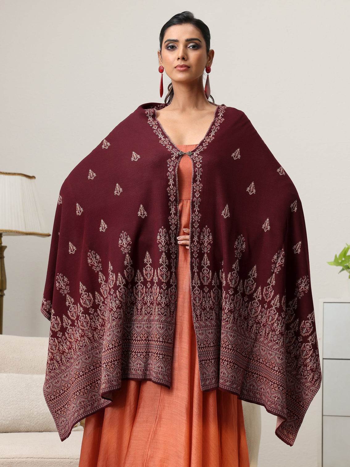 Mameraa Maroon Ethnic Knitted Acrylic Wrap Shawl