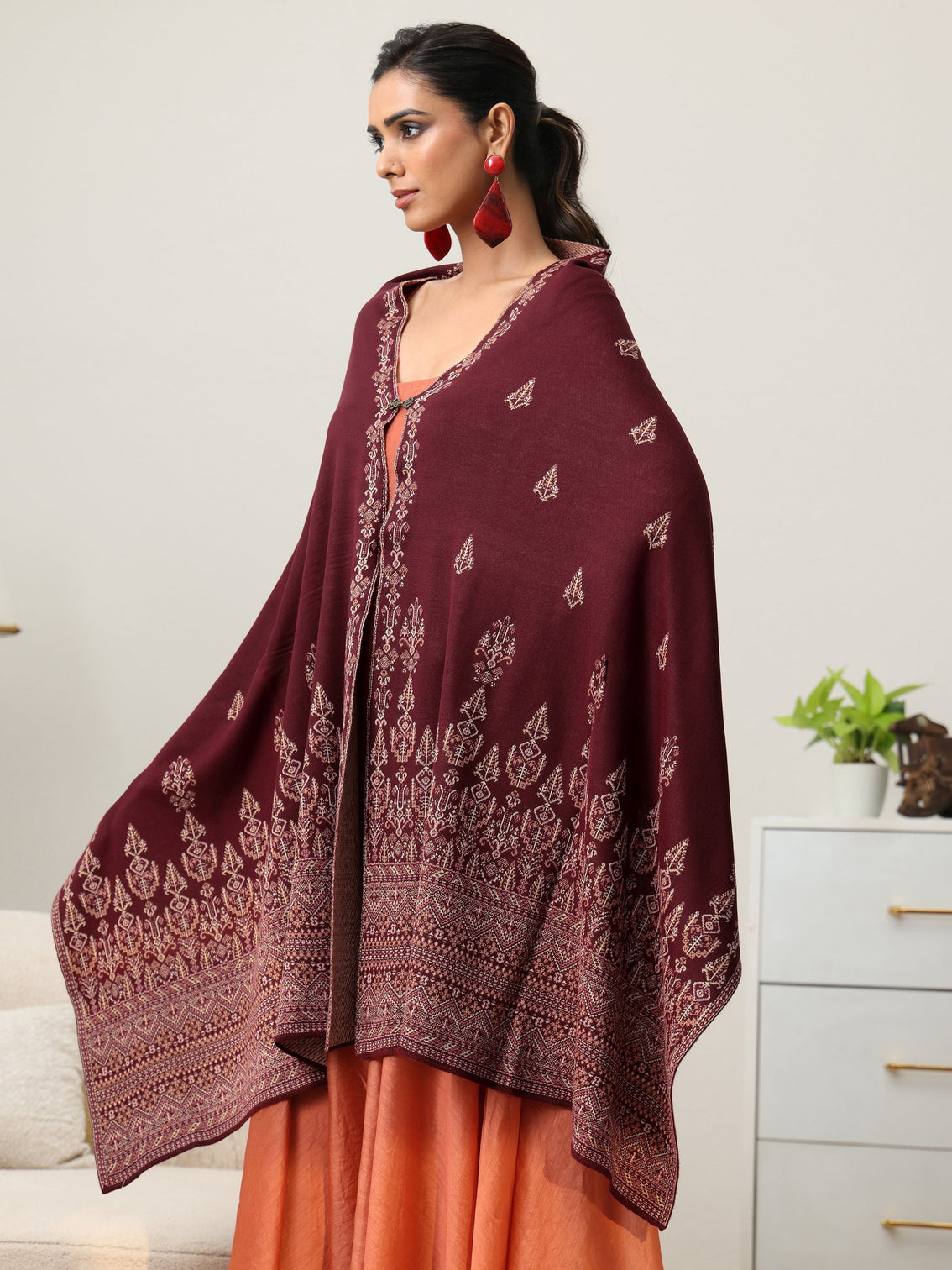 Mameraa Maroon Ethnic Knitted Acrylic Wrap Shawl