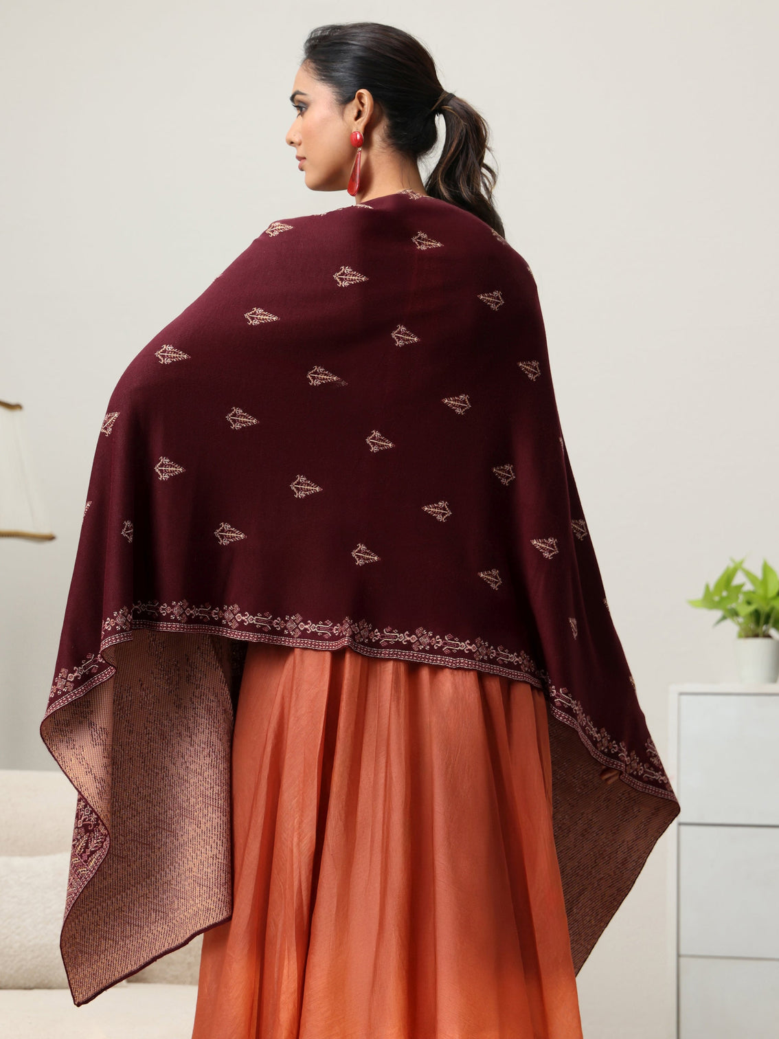 Mameraa Maroon Ethnic Knitted Acrylic Wrap Shawl