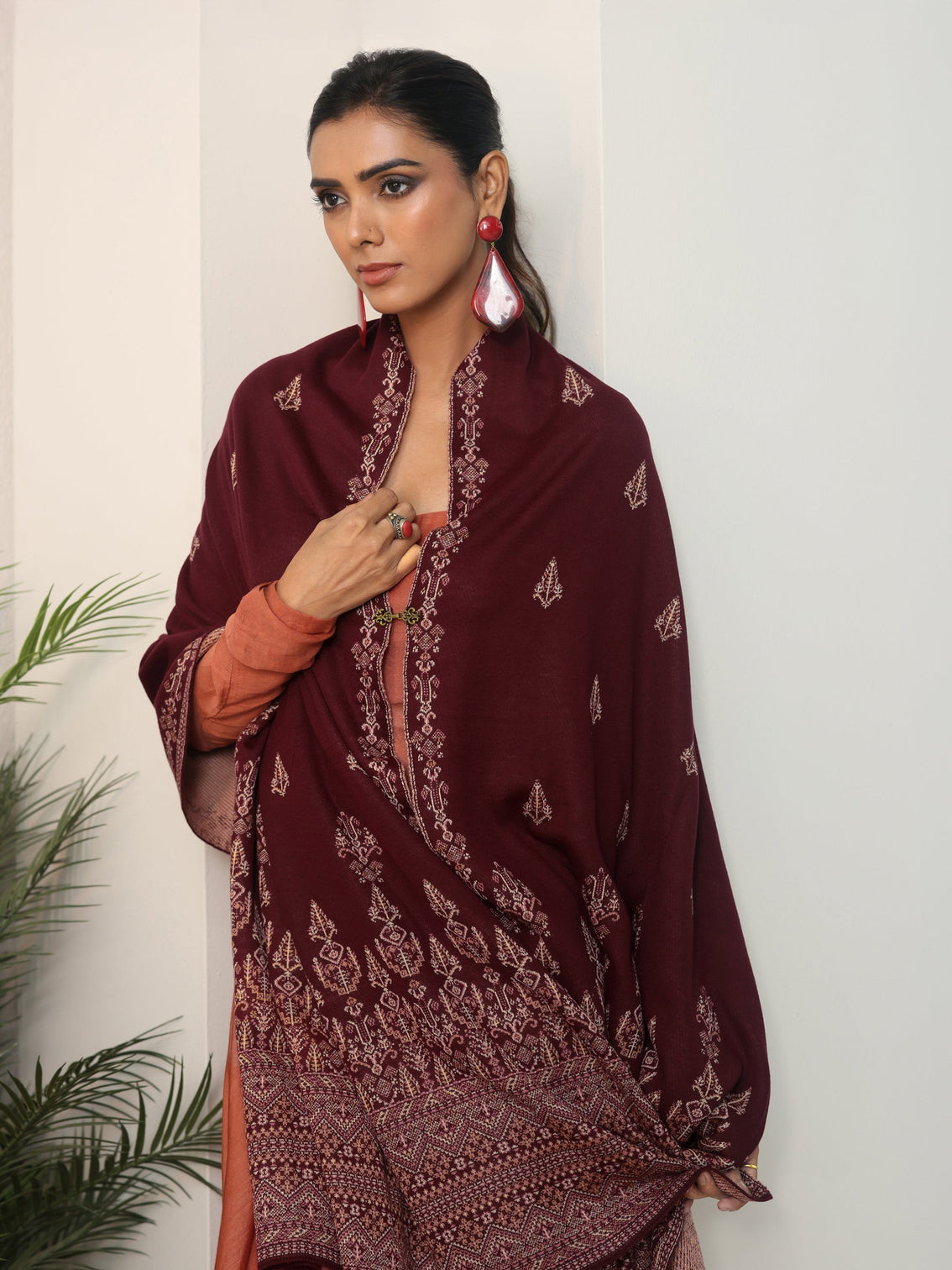 Mameraa Maroon Ethnic Knitted Acrylic Wrap Shawl