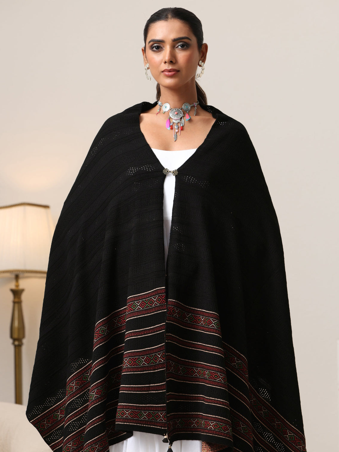 Mameraa Black Ethnic Knitted Acrylic Wrap Shawl