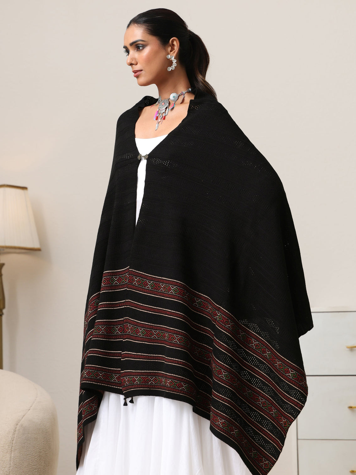 Mameraa Black Ethnic Knitted Acrylic Wrap Shawl