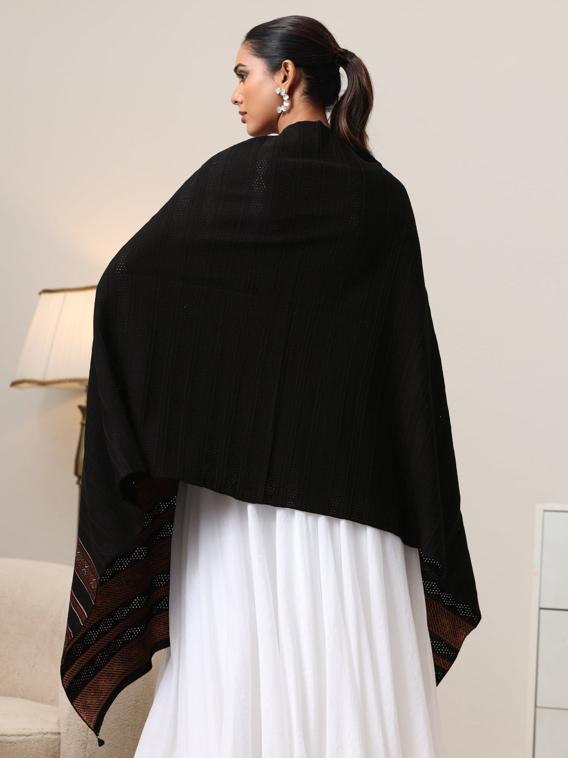 Mameraa Black Ethnic Knitted Acrylic Wrap Shawl