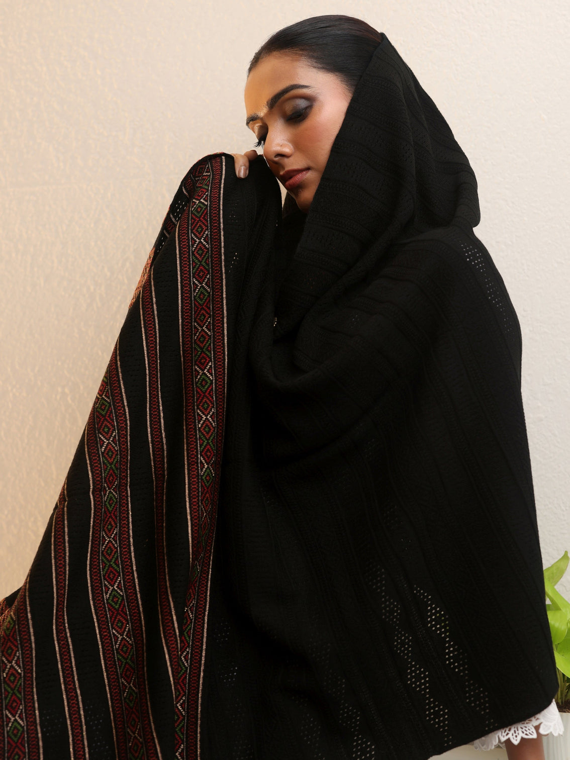 Mameraa Black Ethnic Knitted Acrylic Wrap Shawl