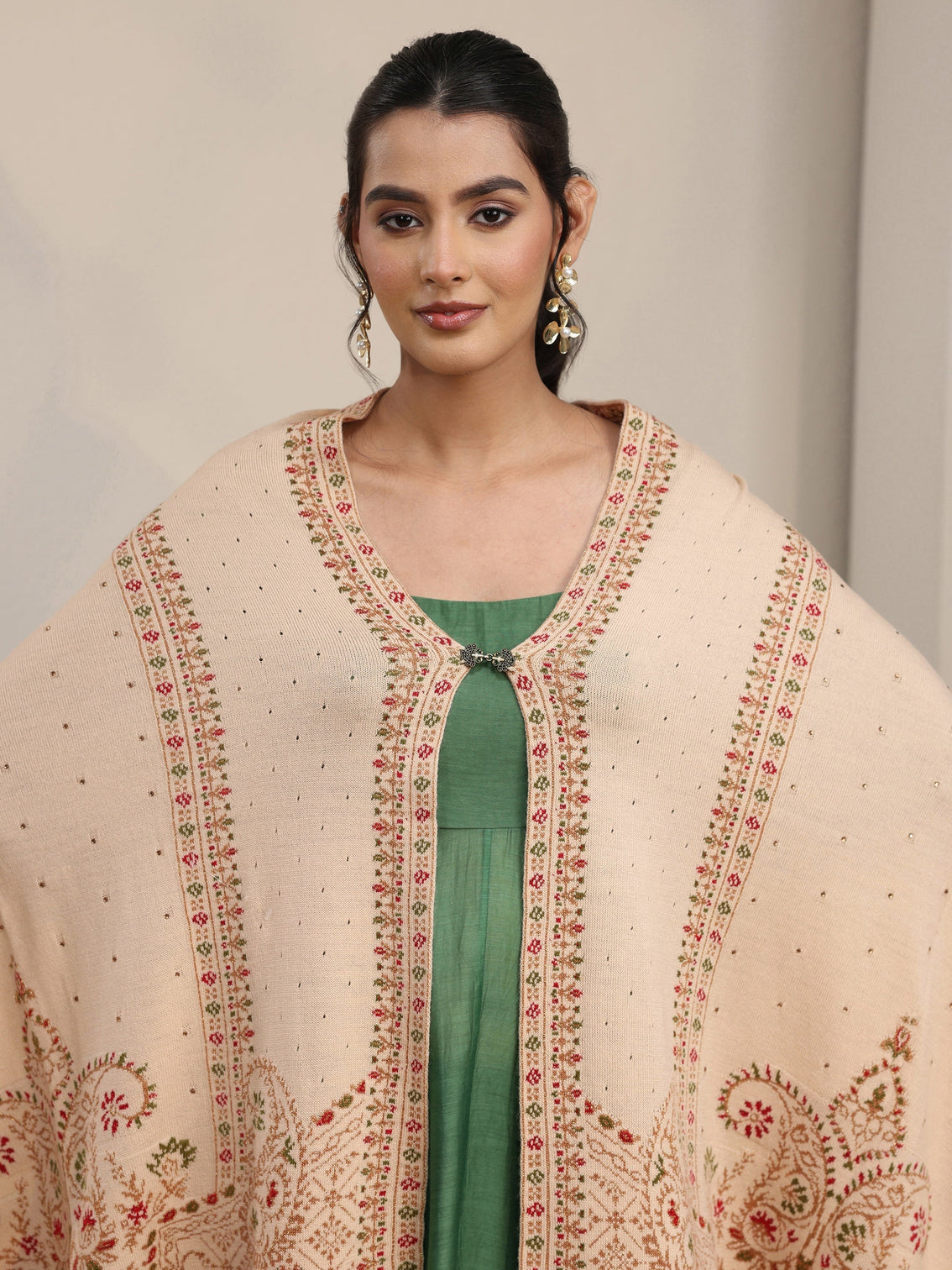 Mameraa Beige Floral Knitted Acrylic Wrap Shawl