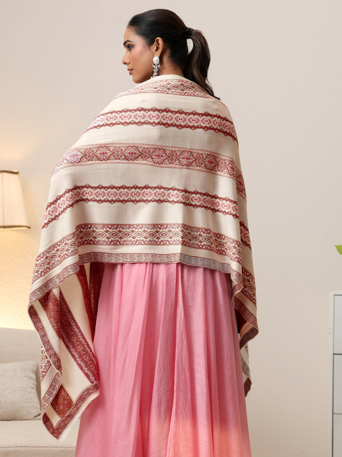 Mameraa White Ethnic Knitted Acrylic Wrap Shawl