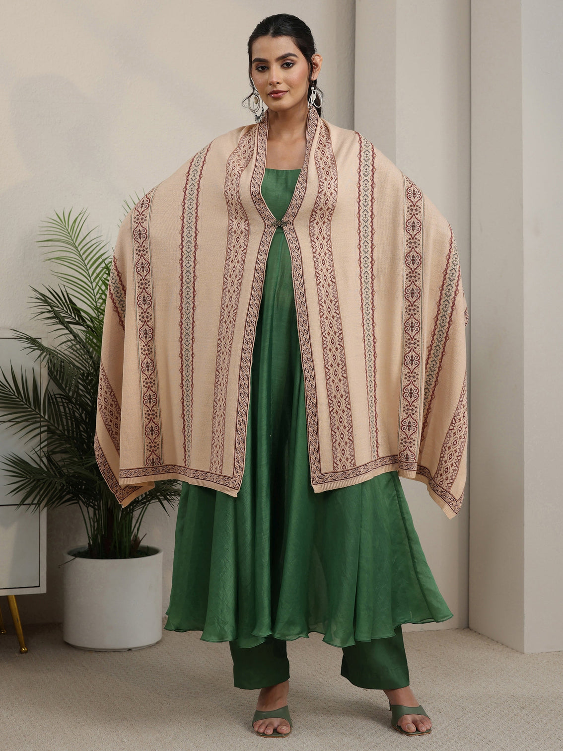 Mameraa Beige Ethnic Knitted Acrylic Wrap Shawl