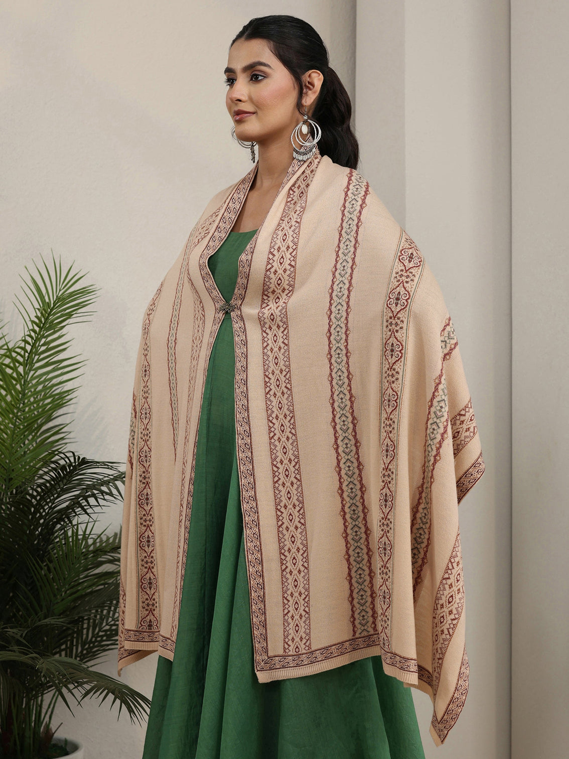 Mameraa Beige Ethnic Knitted Acrylic Wrap Shawl