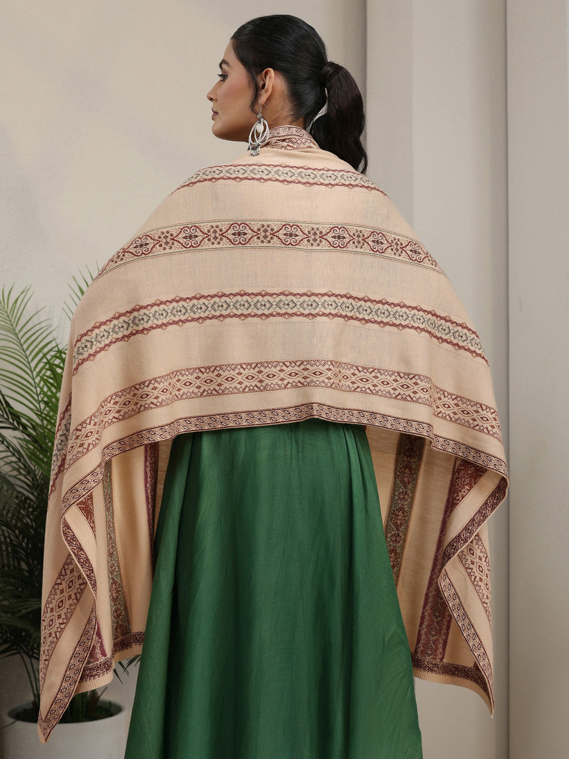 Mameraa Beige Ethnic Knitted Acrylic Wrap Shawl