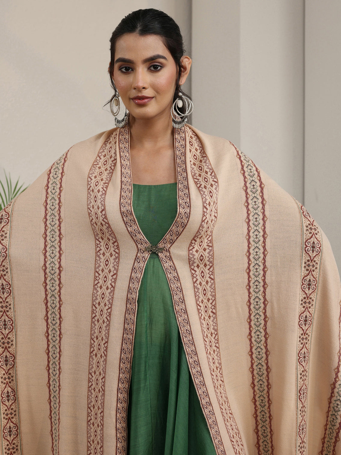 Mameraa Beige Ethnic Knitted Acrylic Wrap Shawl