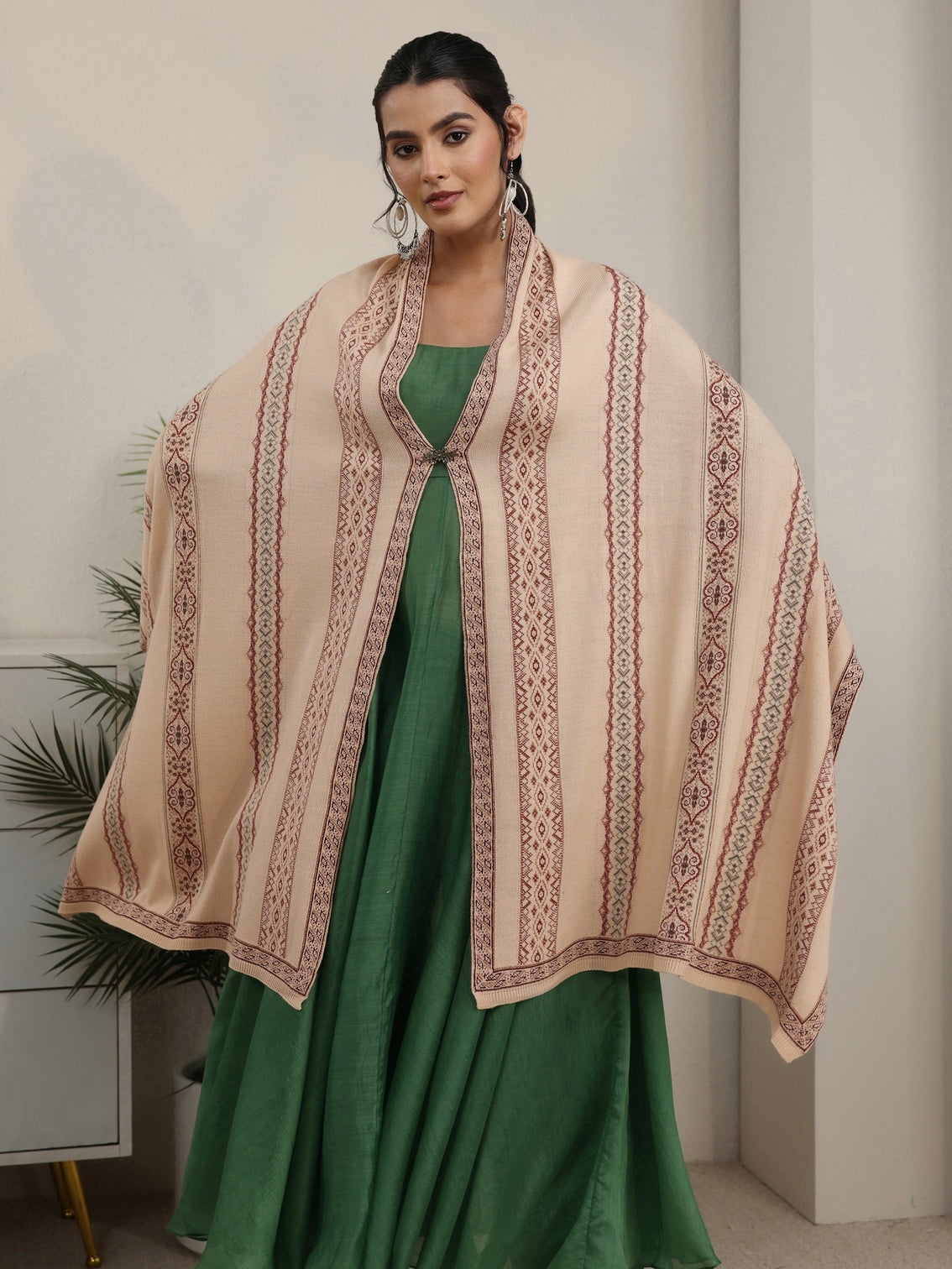 Mameraa Beige Ethnic Knitted Acrylic Wrap Shawl