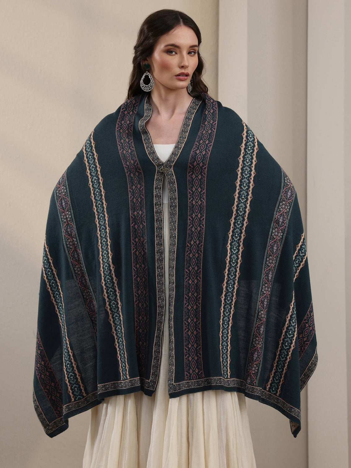 Mameraa Teal Blue Ethnic Striped Knitted Acrylic Wrap Shawl