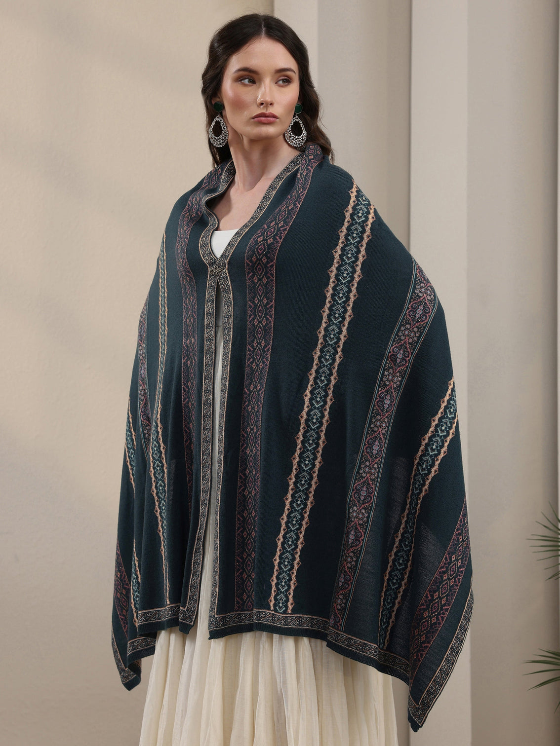 Mameraa Teal Blue Ethnic Striped Knitted Acrylic Wrap Shawl