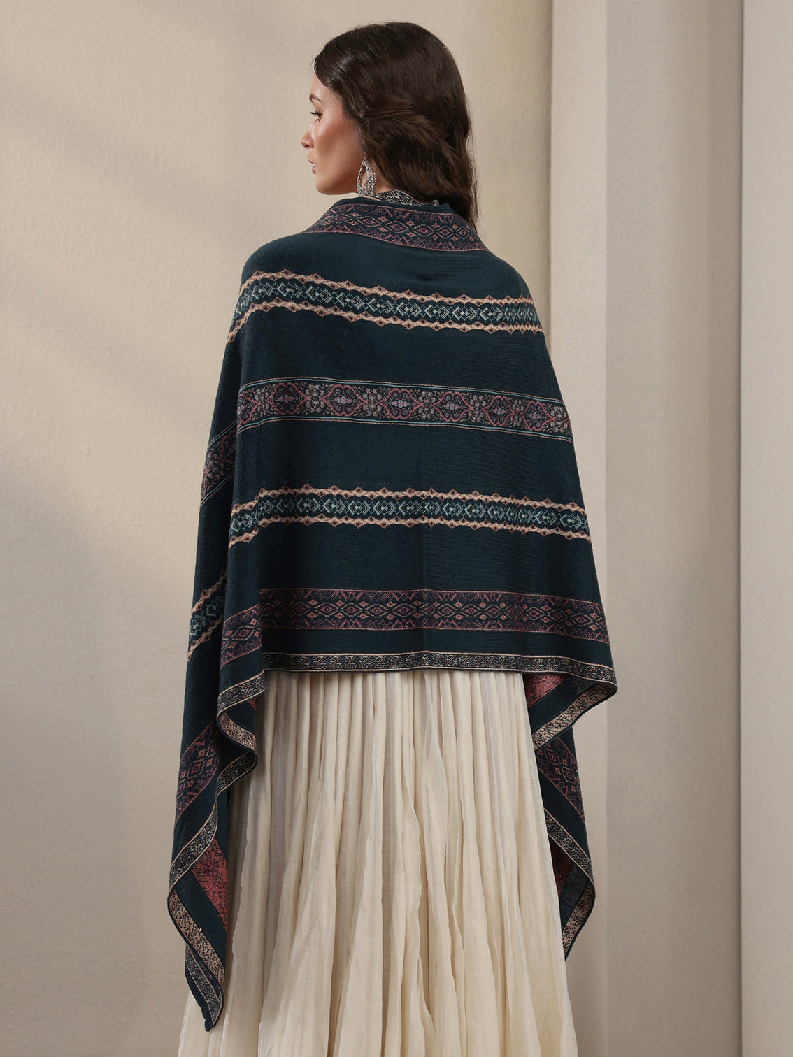 Mameraa Teal Blue Ethnic Striped Knitted Acrylic Wrap Shawl