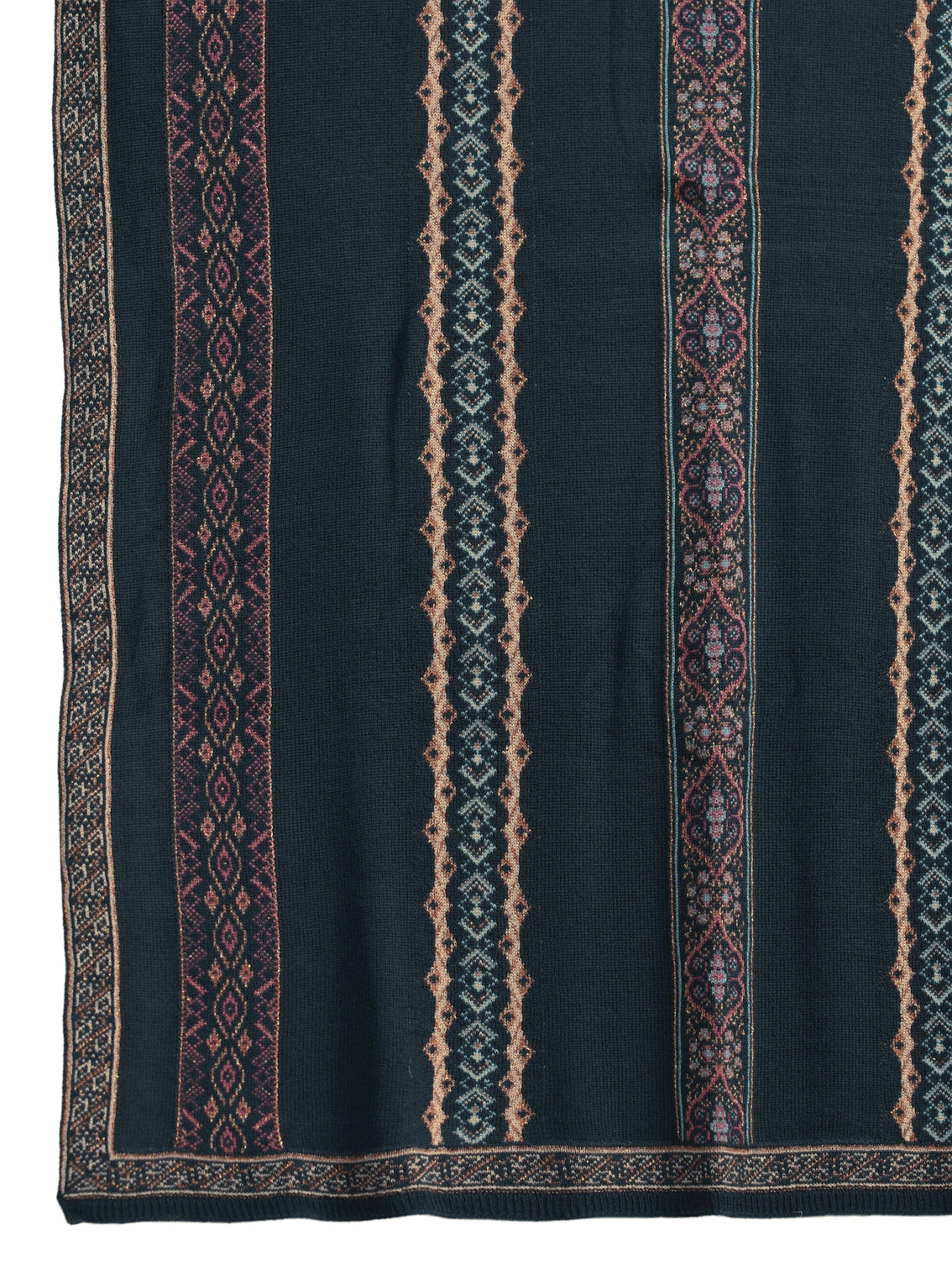 Mameraa Teal Blue Ethnic Striped Knitted Acrylic Wrap Shawl