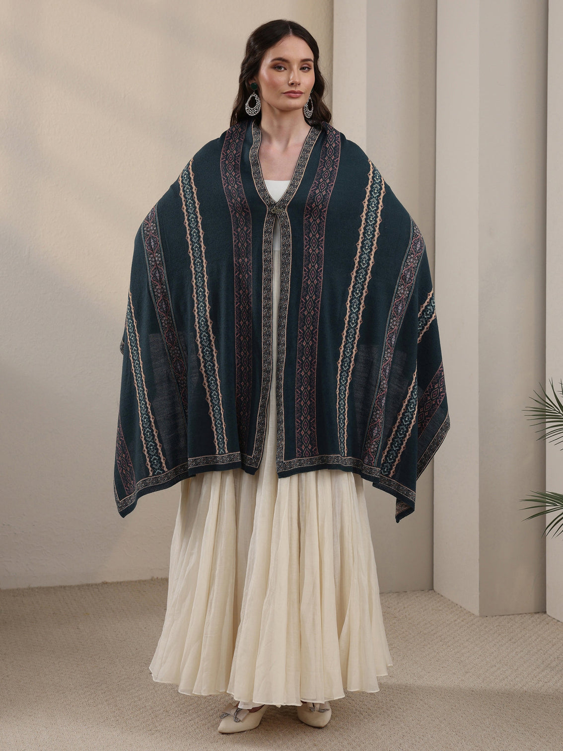 Mameraa Teal Blue Ethnic Striped Knitted Acrylic Wrap Shawl