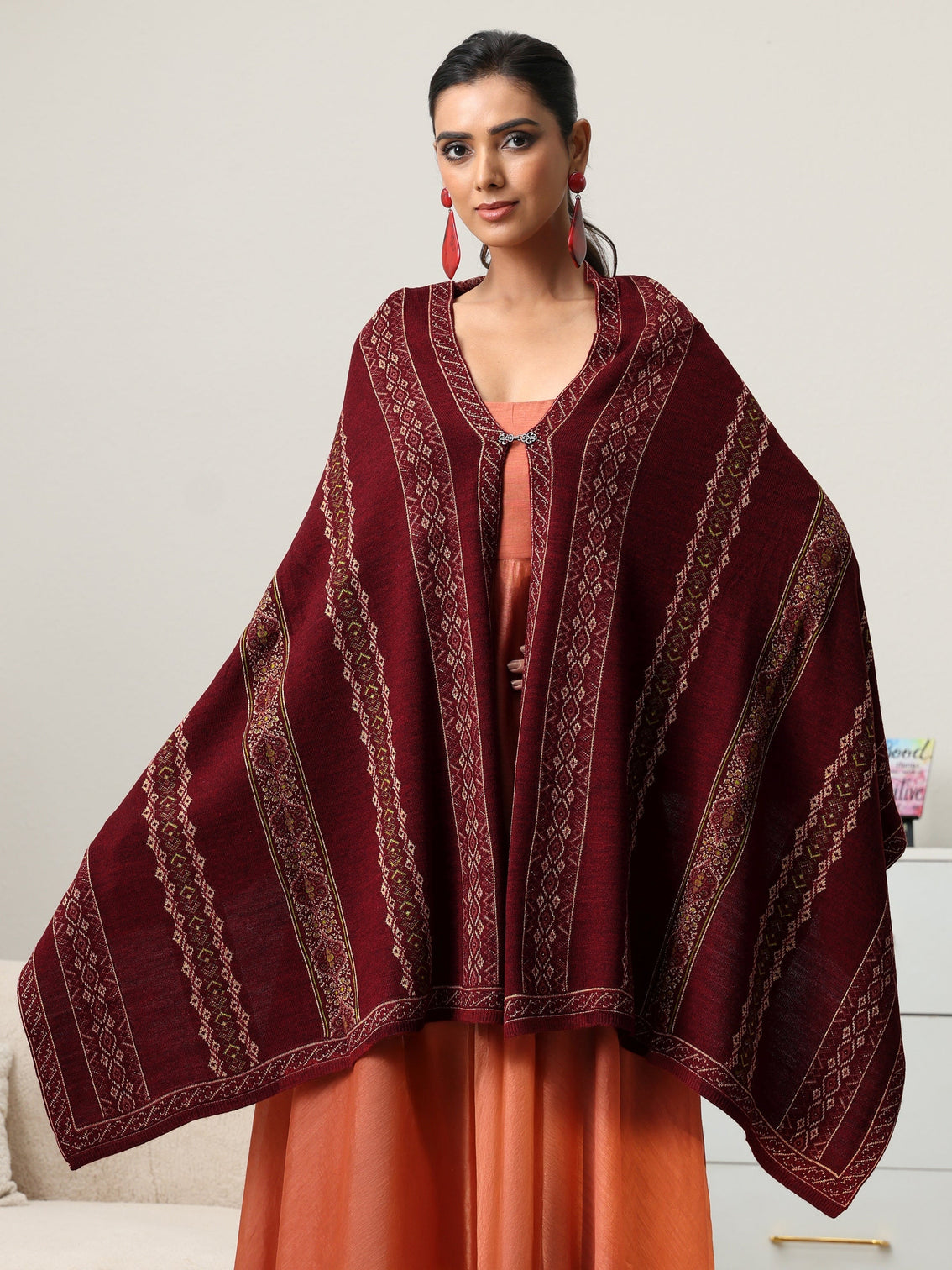 Mameraa Maroon Ethnic Knitted Acrylic Wrap Shawl
