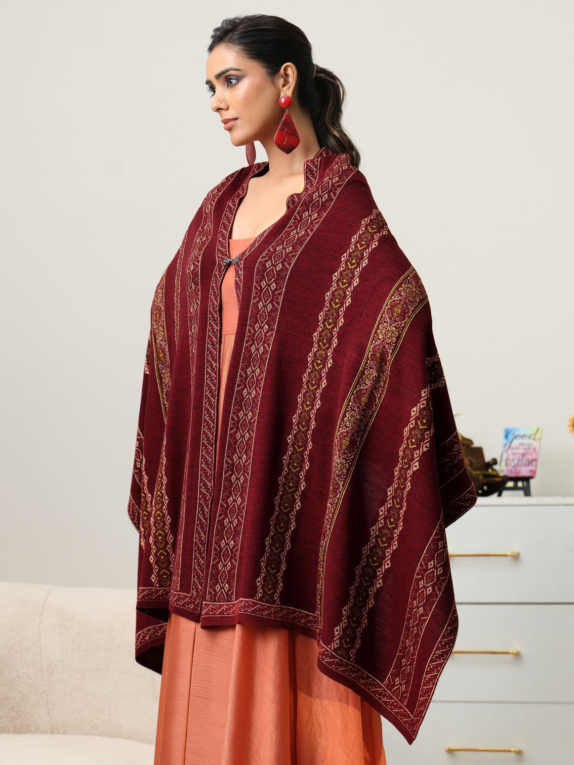 Mameraa Maroon Ethnic Knitted Acrylic Wrap Shawl