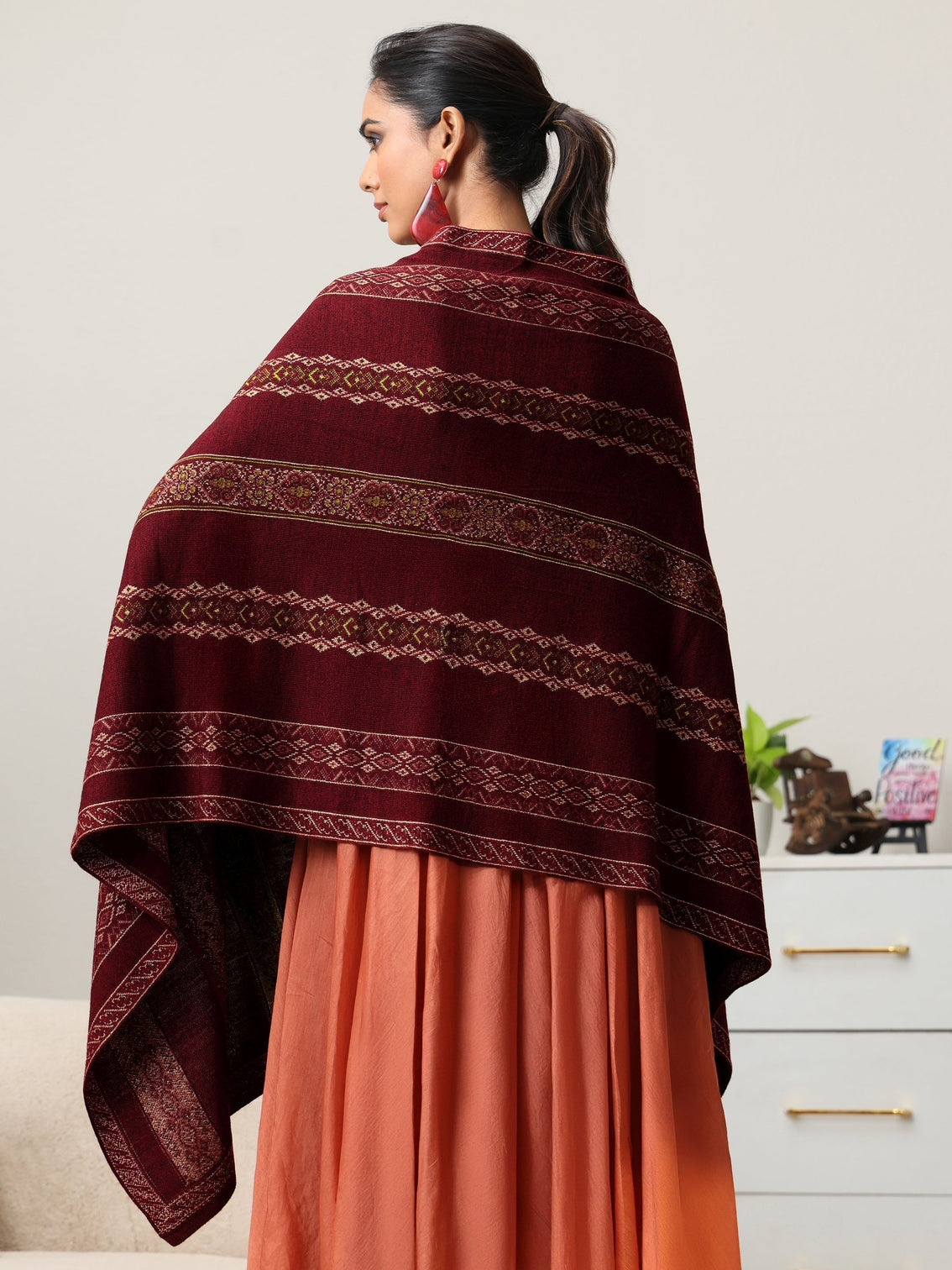 Mameraa Maroon Ethnic Knitted Acrylic Wrap Shawl
