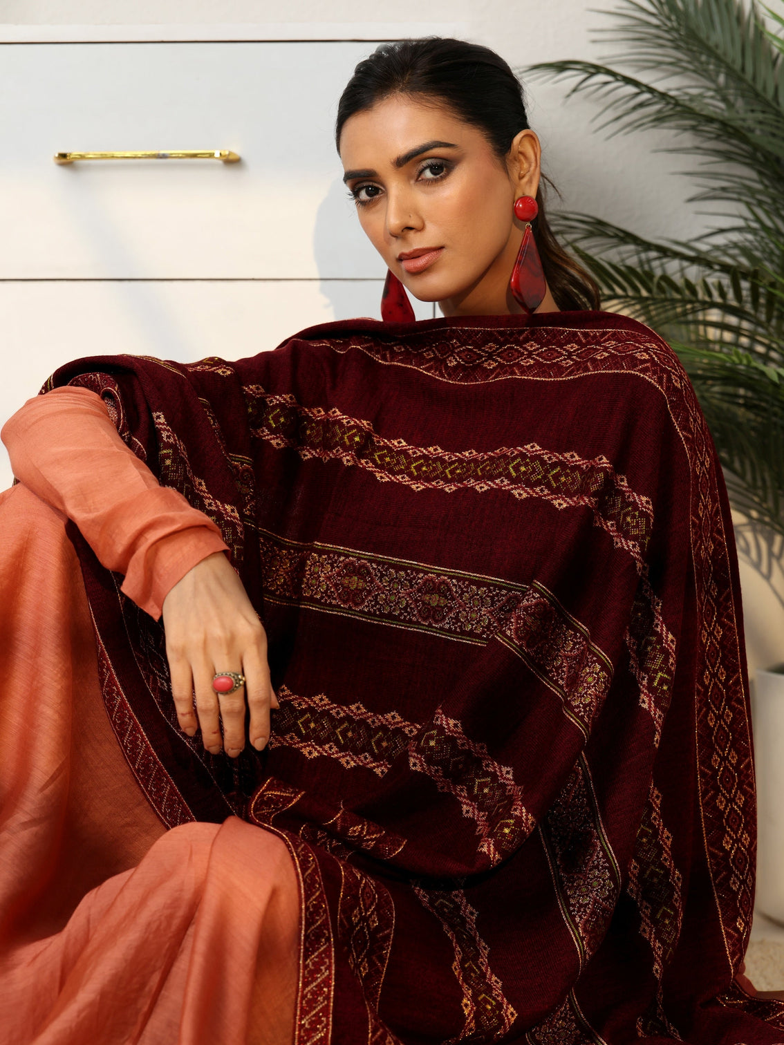 Mameraa Maroon Ethnic Knitted Acrylic Wrap Shawl