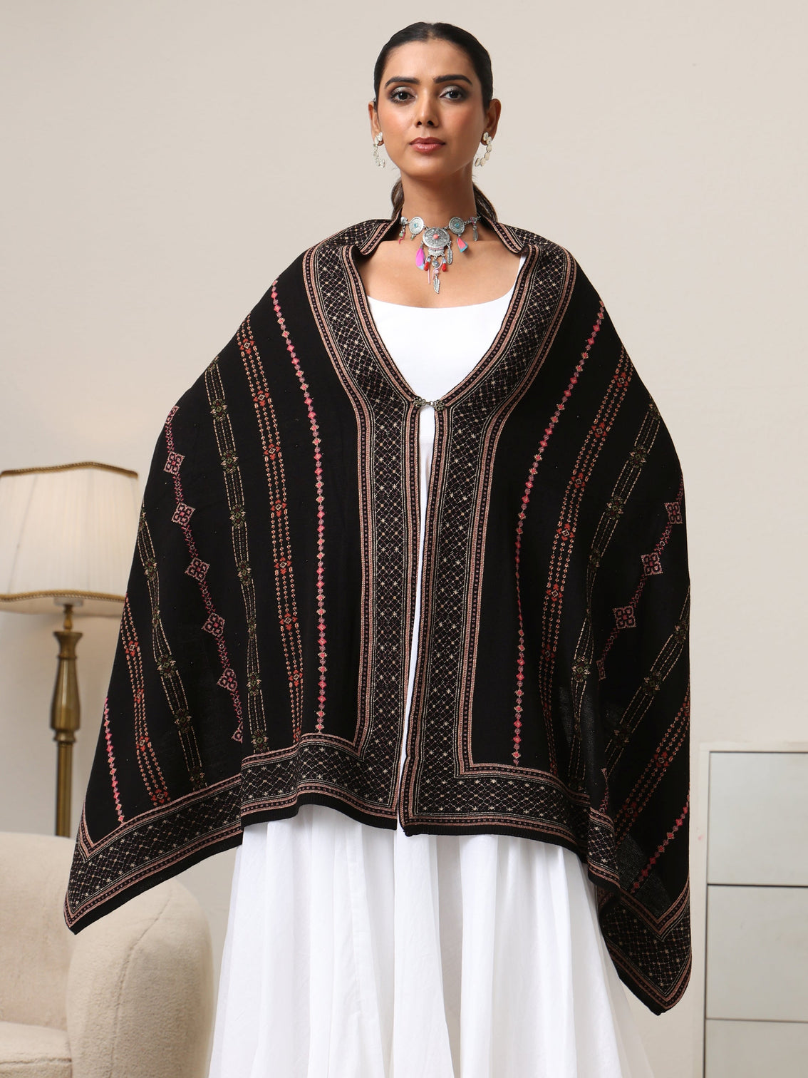 Mameraa Black Floral Knitted Acrylic Wrap Shawl