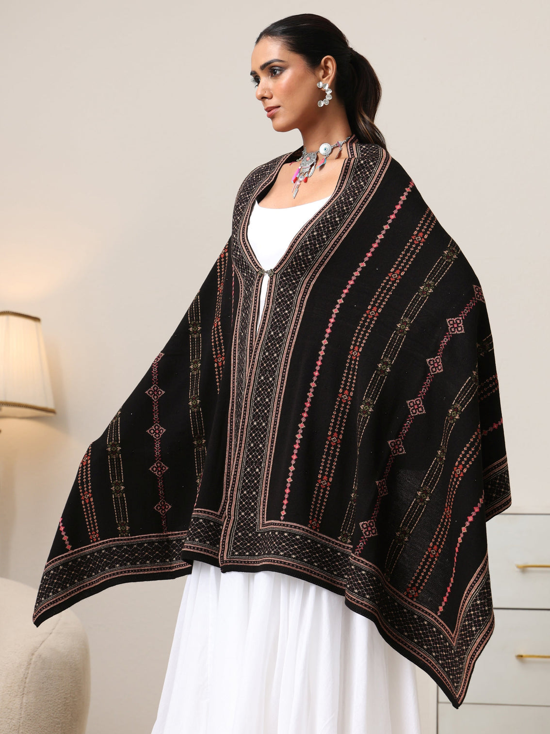 Mameraa Black Floral Knitted Acrylic Wrap Shawl