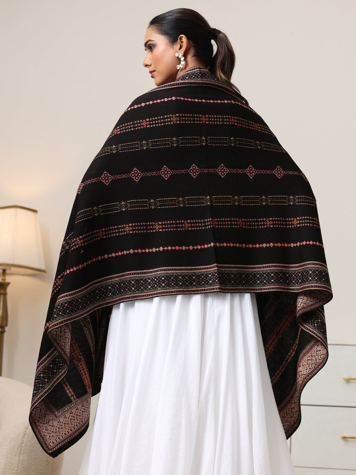 Mameraa Black Floral Knitted Acrylic Wrap Shawl