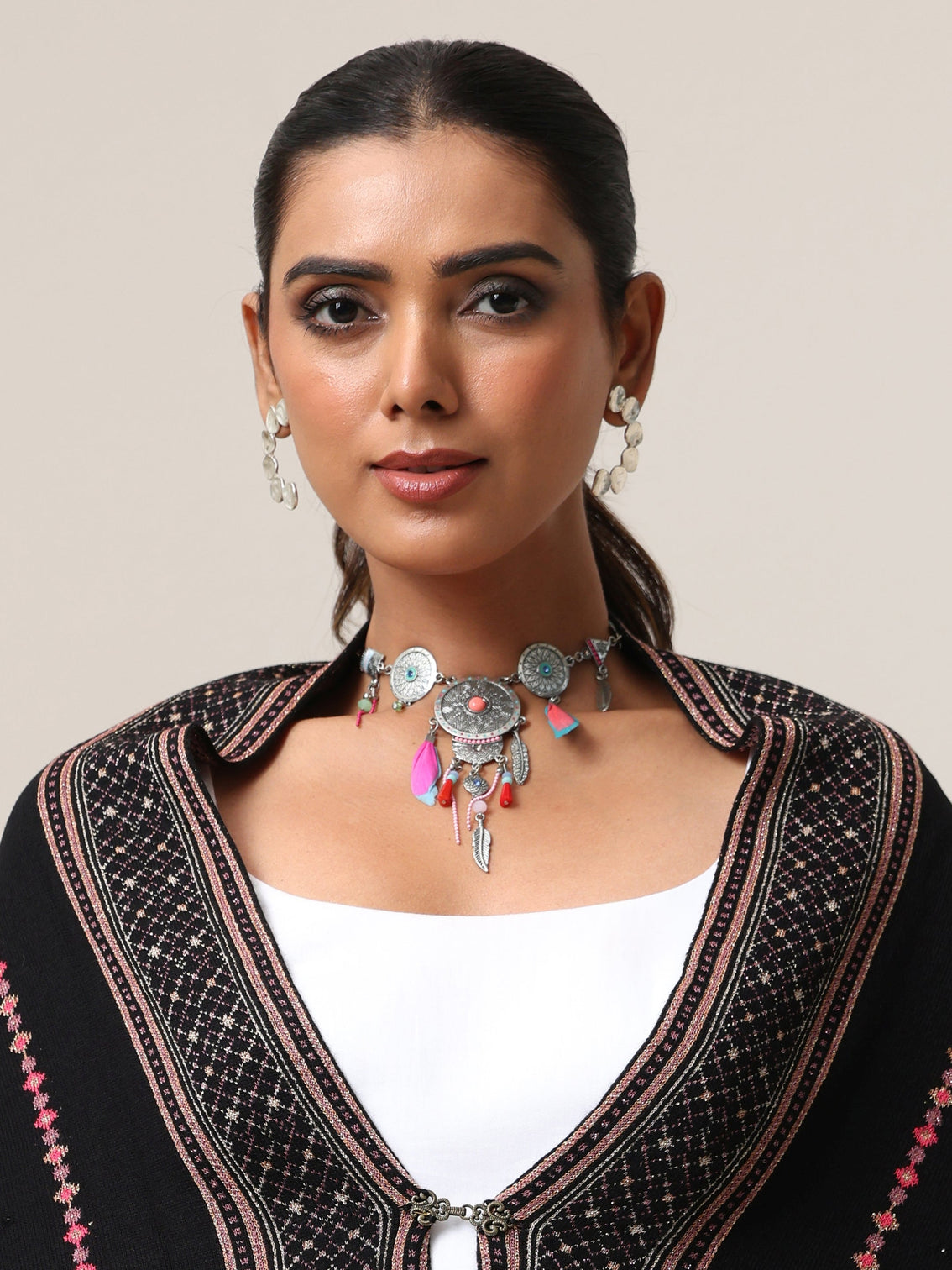 Mameraa Black Floral Knitted Acrylic Wrap Shawl