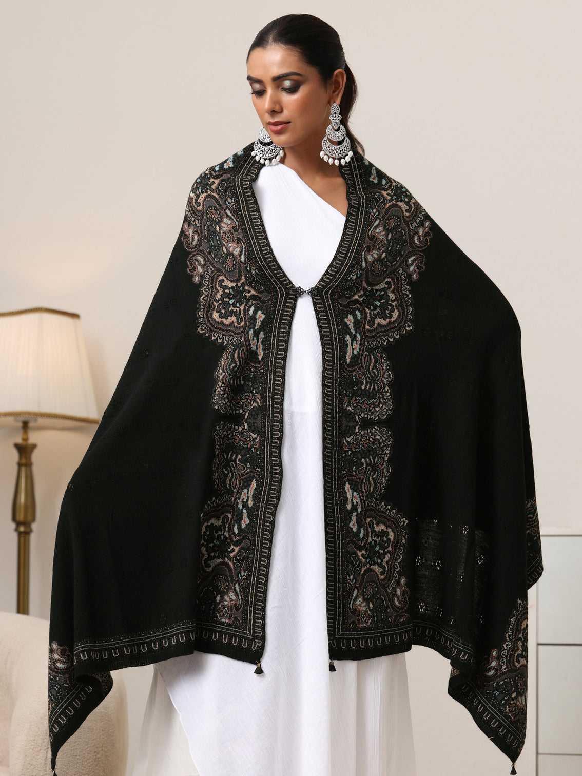 Mameraa Black Ethnic Knitted Acrylic Wrap Shawl
