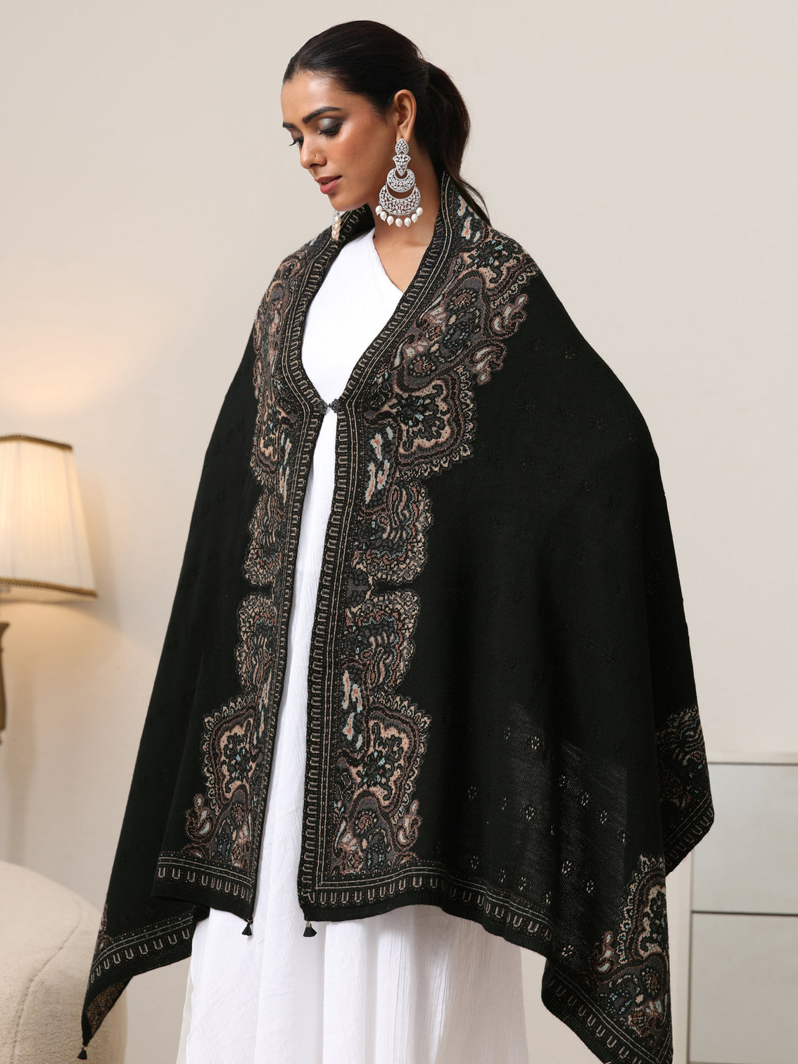 Mameraa Black Ethnic Knitted Acrylic Wrap Shawl