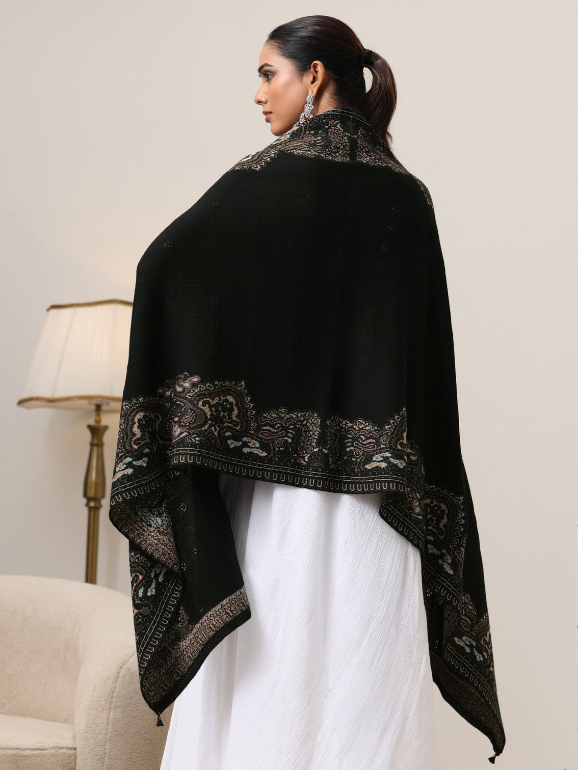 Mameraa Black Ethnic Knitted Acrylic Wrap Shawl
