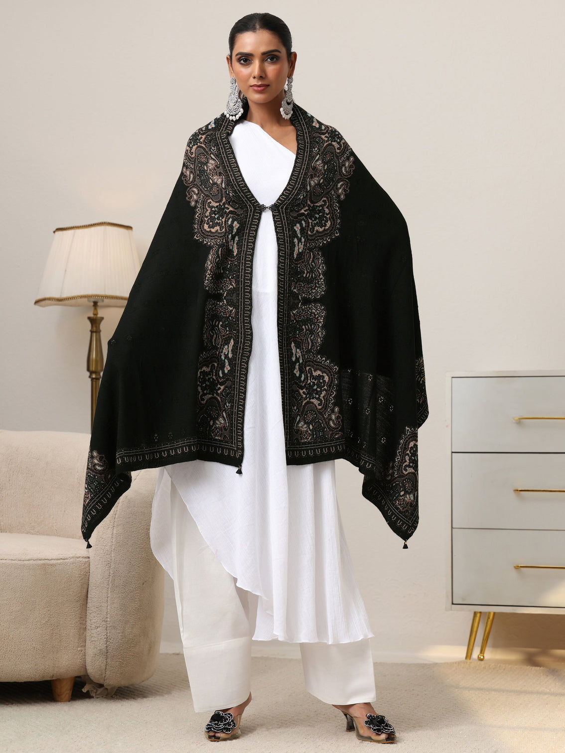 Mameraa Black Ethnic Knitted Acrylic Wrap Shawl